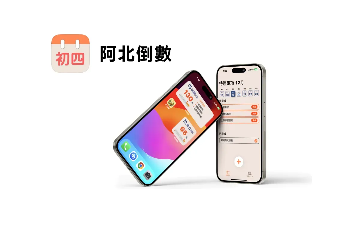 兩台3D iPhone以45度角擺向觀眾，螢幕內顯示阿北倒數APP的軟體畫面
